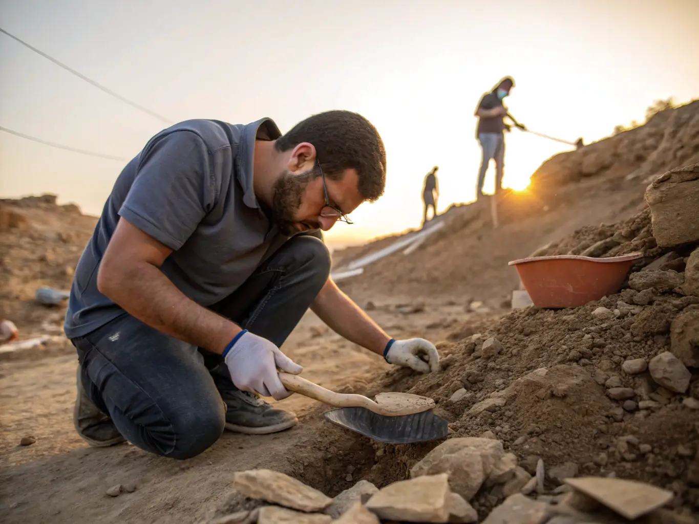 A photo of archaeologists carefully excavating a historical site in Mène, showcasing preserved artifacts and ongoing site conservation efforts.