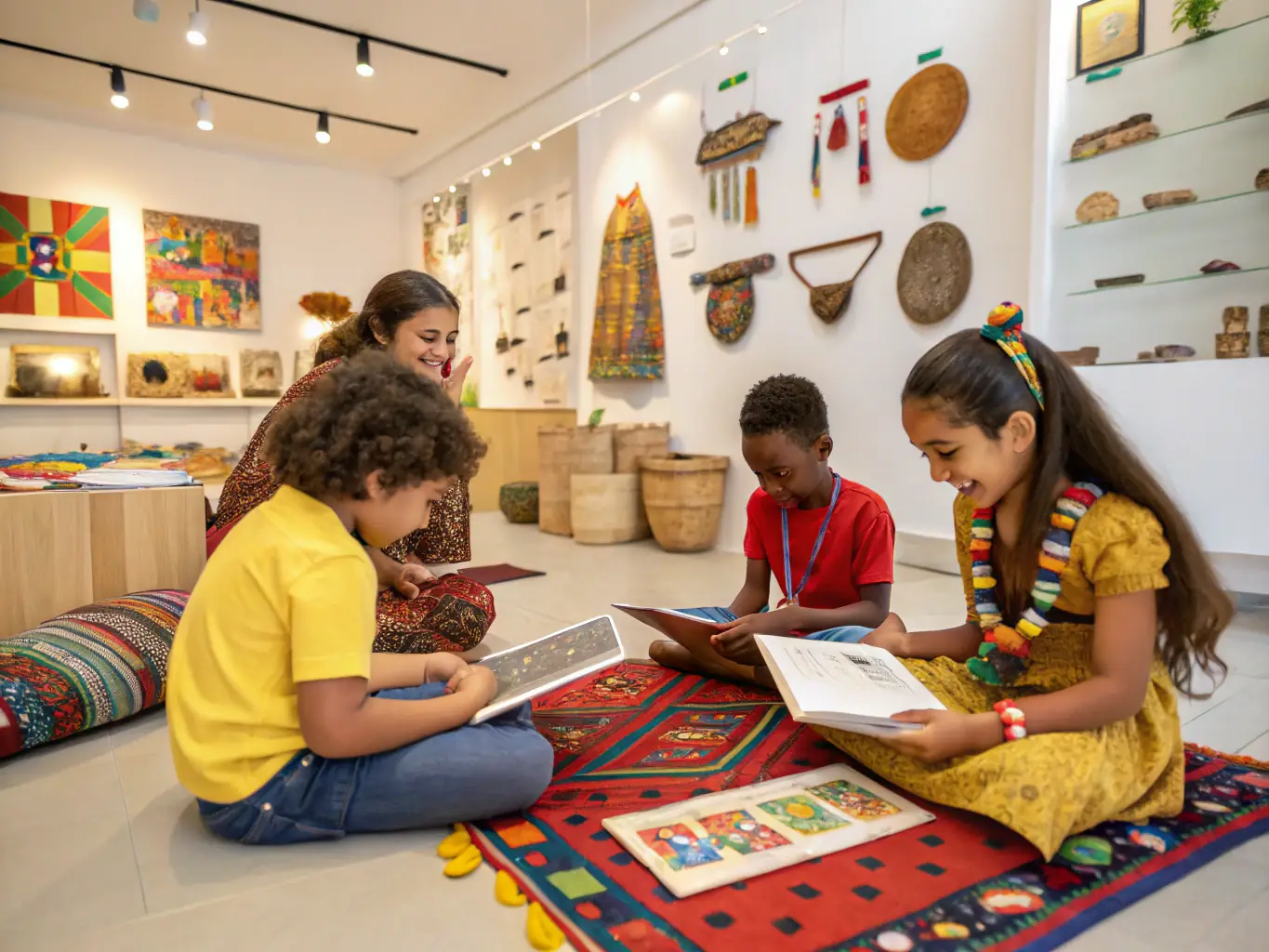 A group of students participating in a heritage workshop, examining artifacts alongside a researcher, highlighting SPCM's educational outreach.