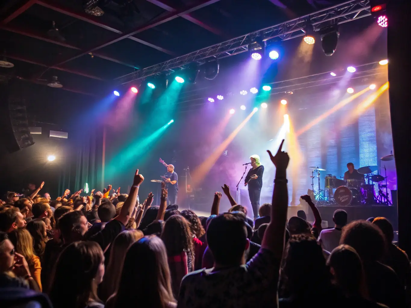 A dynamic image of a live musical performance taking place at the association's performance venue, featuring a local band on stage with colorful lighting and an enthusiastic audience, highlighting the venue's role in supporting live arts.